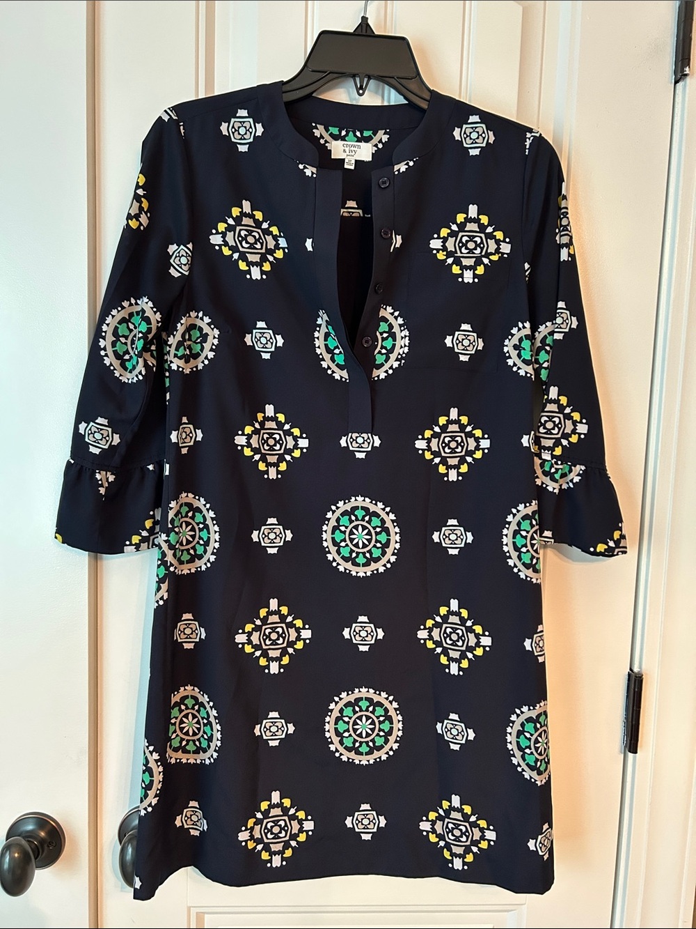 crown & ivy Navy Mini Dress with Green, Yellow & White Medallion Print